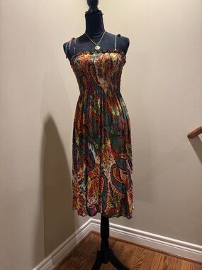 Multicolor Paisley Smocked Midi Dress with Straps